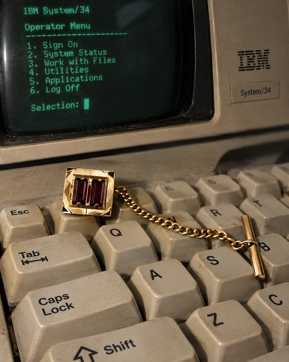 Vintage Gold Tone Red Stone Tie Tack Pin Chain T-Bar MCM